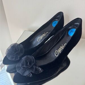 Vintage Black Velvet Kitten Heels with Sequins  Floral Accent